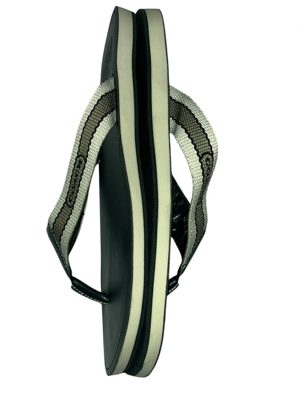 Coach Men's Black Flip Flops with khaki and black Stripe Webbing